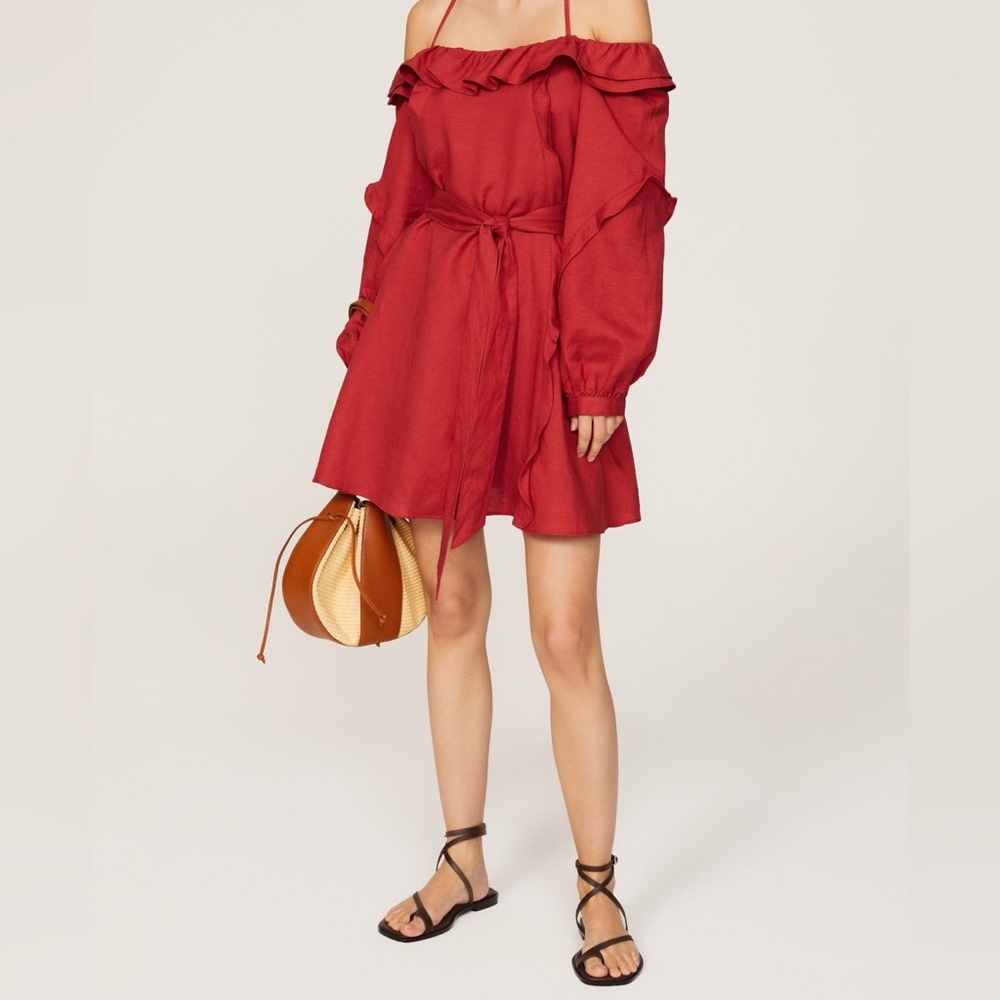 MARISSA WEBB $325 MSRP Linen Ruffle Mini Dress Red Off Shoulder Medium Valentine